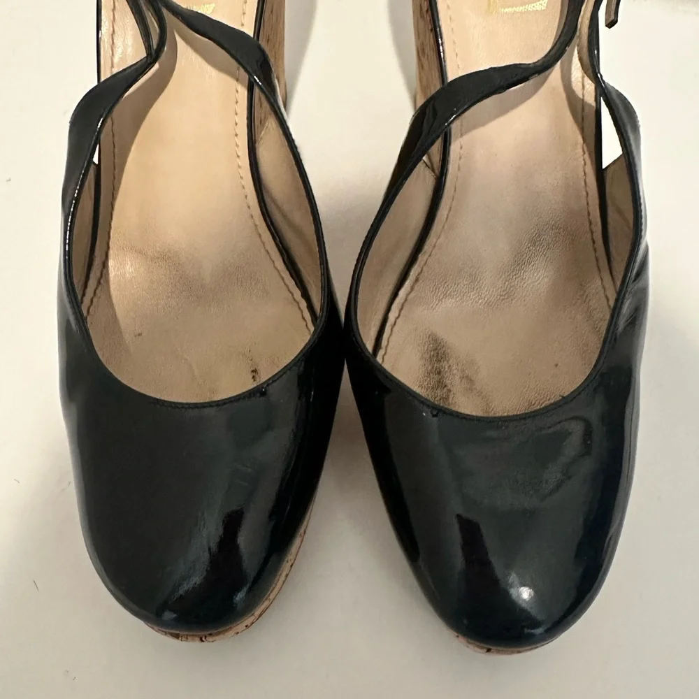 Yves Saint Laurent YSL Black Patent Leather Slingback Cork Wedge Platform EU 40